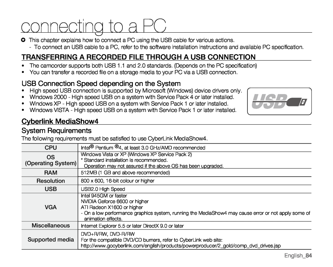 Samsung VP-MX20R, VP-MX20CH, VP-MX20H connecting to a PC, Transferring A Recorded File Through A Usb Connection, English84 
