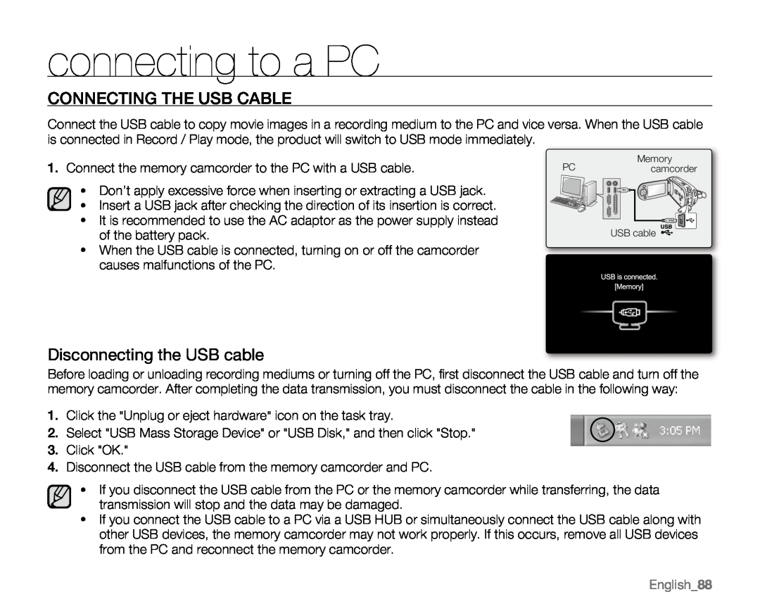 Samsung VP-MX20R, VP-MX20CH Connecting The Usb Cable, Disconnecting the USB cable, English88, connecting to a PC 