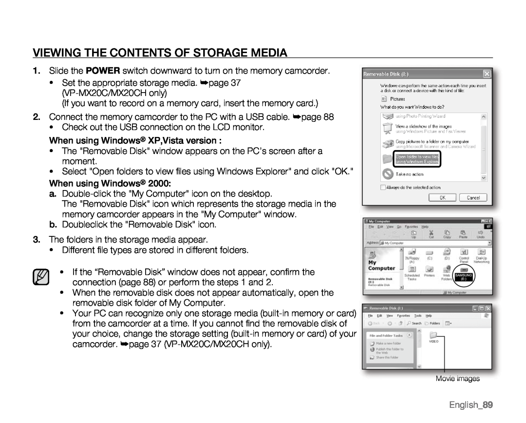 Samsung VP-MX20R, VP-MX20CH, VP-MX20H, VP-MX20L user manual Viewing The Contents Of Storage Media, English89 