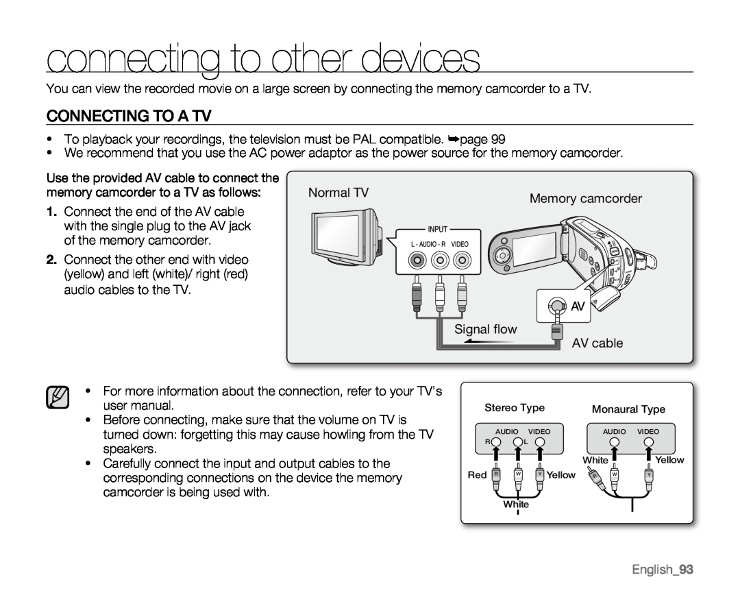 Samsung VP-MX20L, VP-MX20R, VP-MX20CH, VP-MX20H user manual connecting to other devices, Connecting To A Tv, English93 