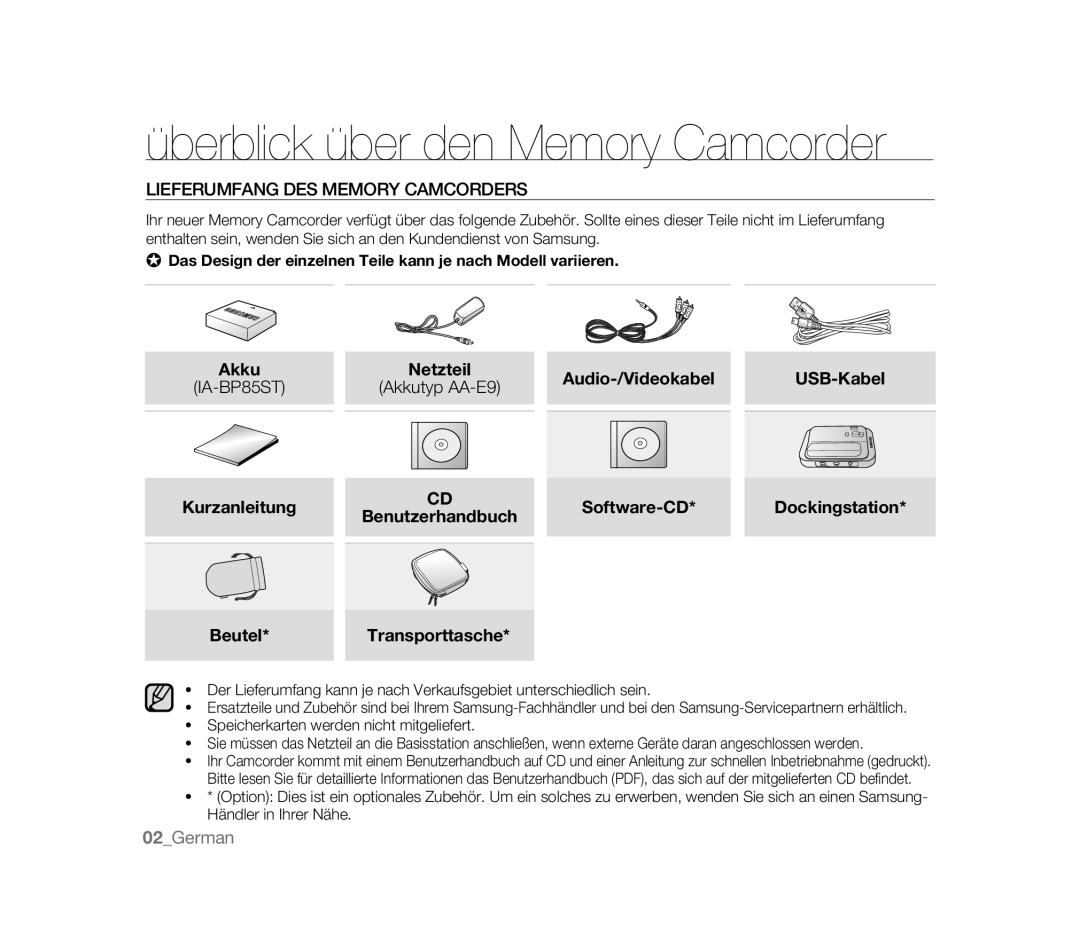 Samsung VP-HMX20C/XEU, VP-MX20R/EDC Überblick über den Memory Camcorder, Lieferumfang DES Memory Camcorders, Akkutyp AA-E9 