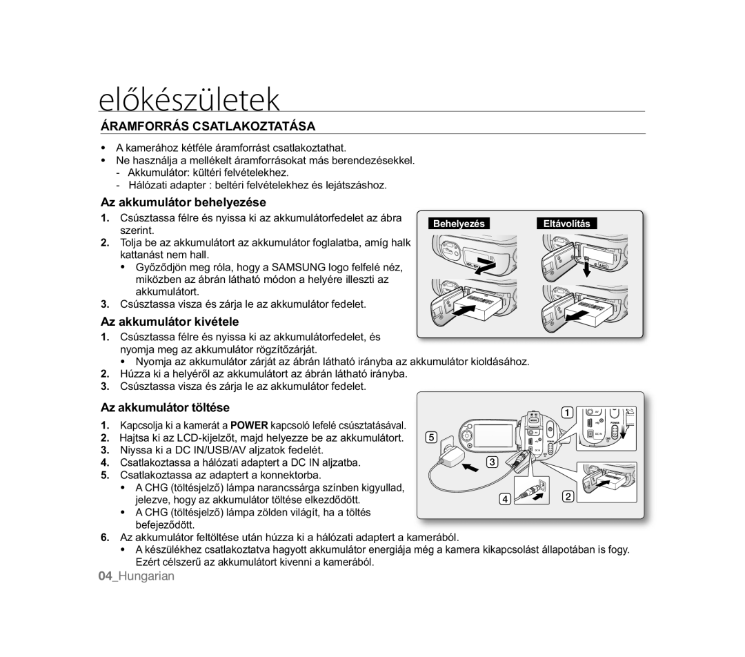 Samsung VP-MX20C/XER manual Előkészületek, Áramforrás Csatlakoztatása, Az akkumulátor behelyezése, Az akkumulátor kivétele 