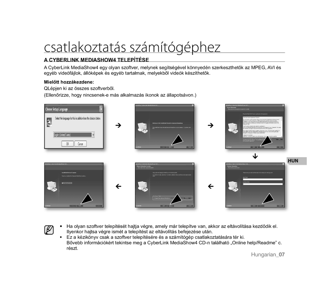 Samsung VP-MX20L/XER, VP-MX20/EDC Csatlakoztatás számítógéphez, Cyberlink MEDIASHOW4 Telepítése, 0LHOĘWWKRiNHGHQH, Részt 