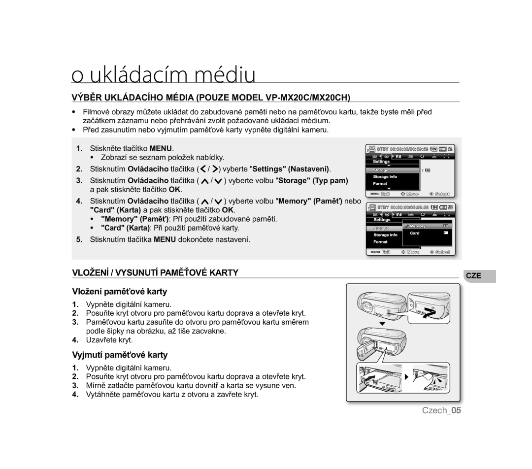 Samsung VP-MX20C/COL, VP-MX20R/EDC Ukládacím médiu, 9é%ċ58./È$&Ë+20e,$POUZE Model VP-MX20C/MX20CH, MPXWtSDPČĢRYpNDUW 