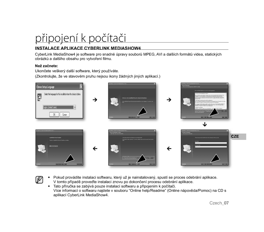 Samsung VP-MX20/EDC, VP-MX20R/EDC, VP-MX20C/EDC Připojení k počítači, Instalace Aplikace Cyberlink MEDIASHOW4, 1HåDþQHWH 