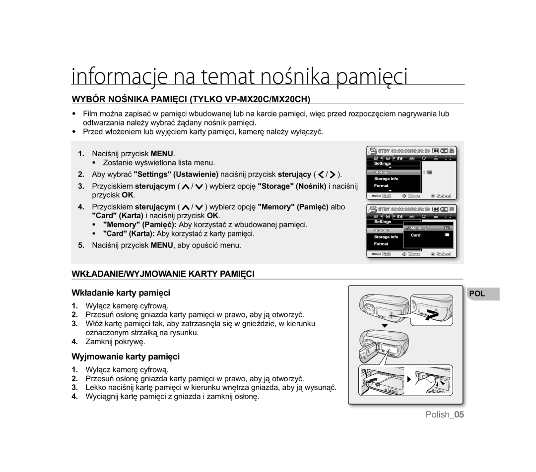 Samsung VP-MX20/XEU Informacje na temat nośnika pamięci, Ï512ĝ1,.$3$0,ĉ&,TYLKO VP-MX20C/MX20CH, MprzdqlhNduw\Sdplċfl 