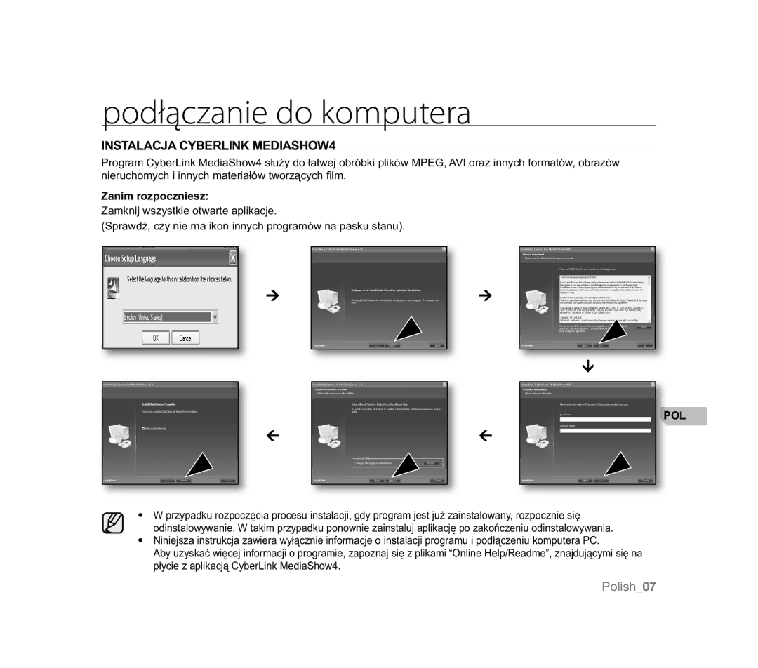 Samsung VP-MX20R/CAN, VP-MX20R/EDC manual Podłączanie do komputera, Instalacja Cyberlink MEDIASHOW4, Zanim rozpoczniesz 