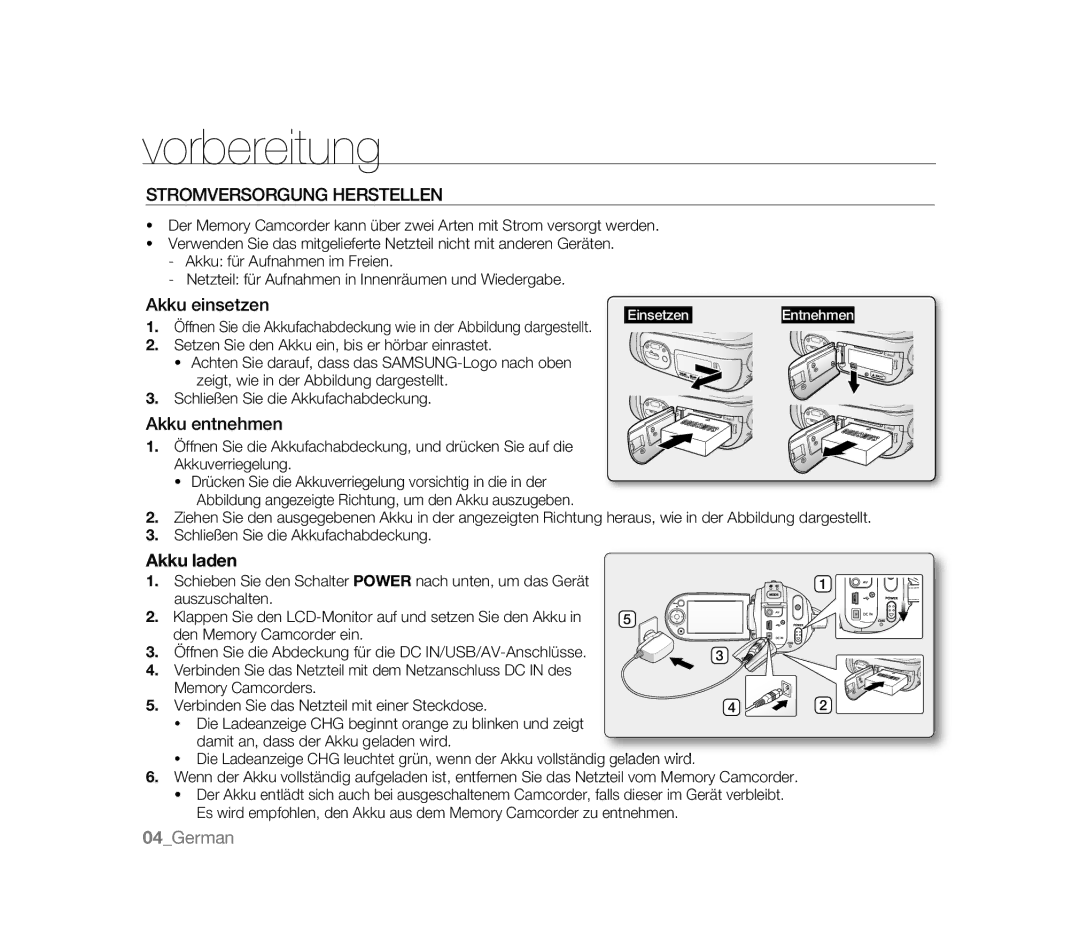 Samsung VP-MX20C/XER, VP-MX20R/EDC manual Akku einsetzen, Akku entnehmen, Akku laden, Schließen Sie die Akkufachabdeckung 