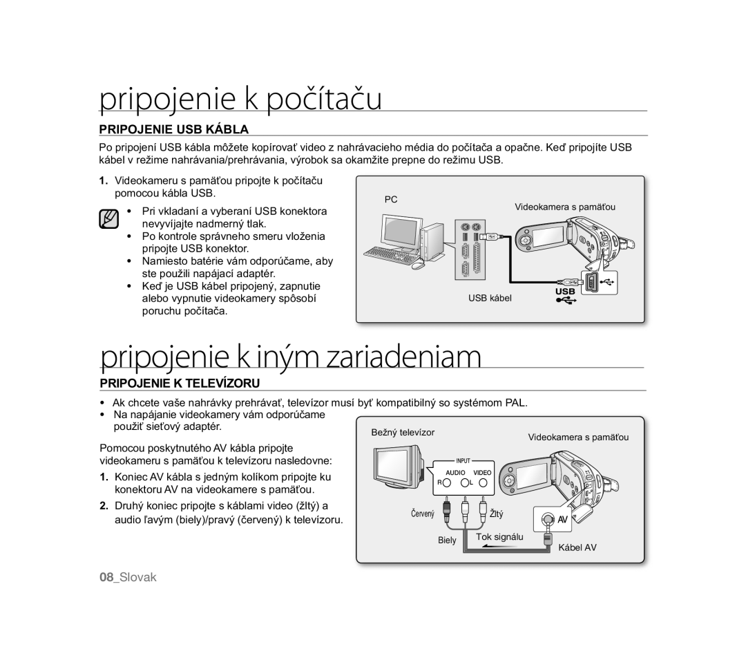 Samsung VP-MX20R/XER manual Pripojenie k iným zariadeniam, Pripojenie USB Kábla, Pripojenie K Televízoru, SRUXFKXSRþtWDþD 