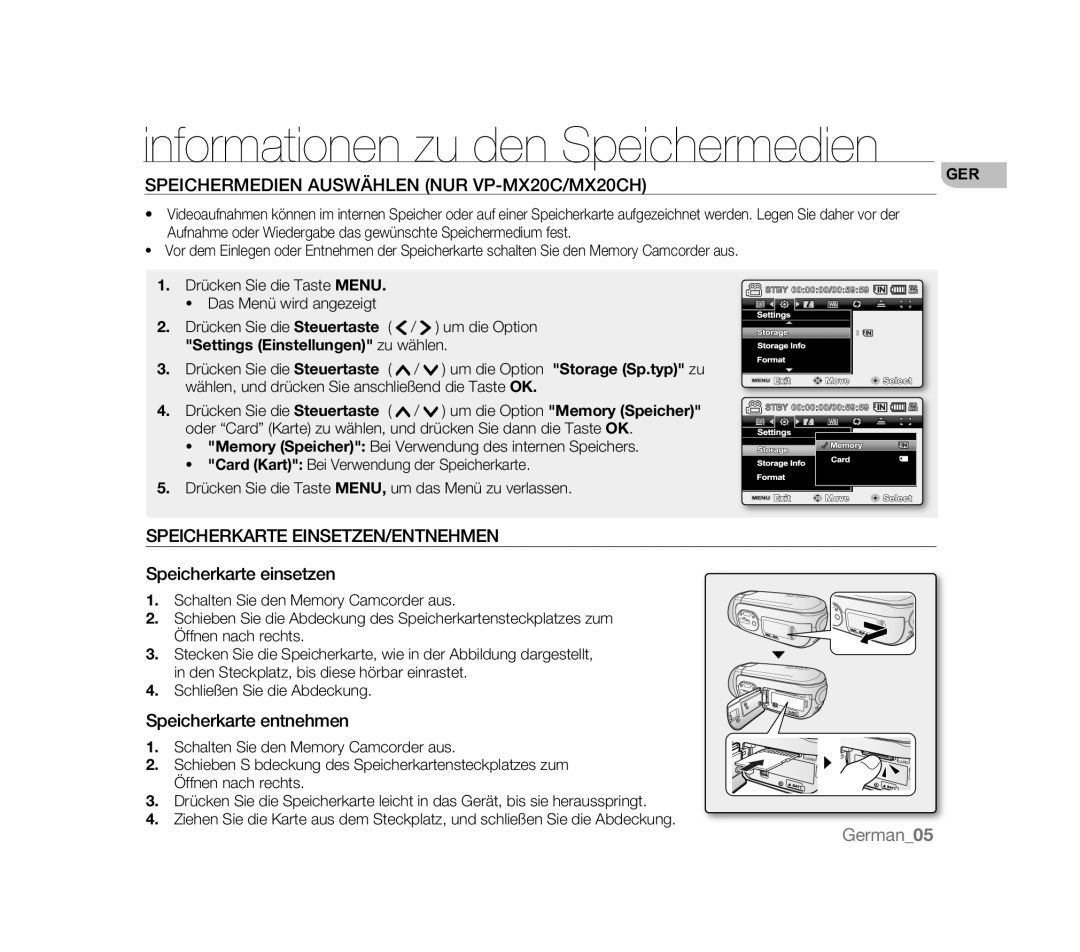 Samsung VP-HMX20C/NWT, VP-MX20R/EDC manual Informationen zu den Speichermedien, Speichermedien Auswählen NUR VP-MX20C/MX20CH 