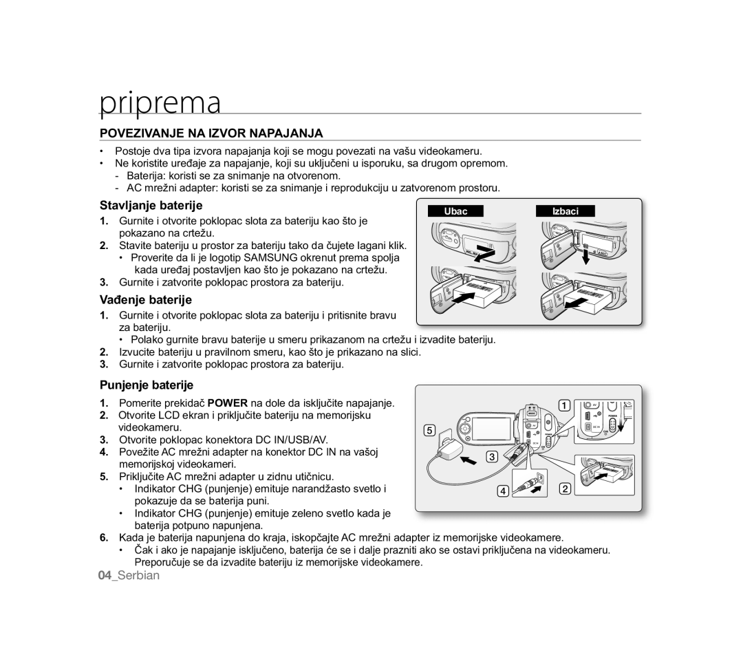 Samsung VP-MX20R/EDC Priprema, Povezivanje NA Izvor Napajanja, Stavljanje baterije, 9DÿHQMHEDWHULMH, Punjenje baterije 