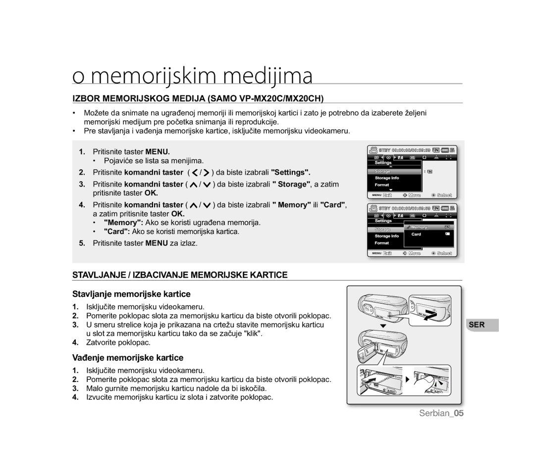 Samsung VP-MX20/EDC Memorijskim medijima, Izbor Memorijskog Medija Samo VP-MX20C/MX20CH, Stavljanje memorijske kartice 