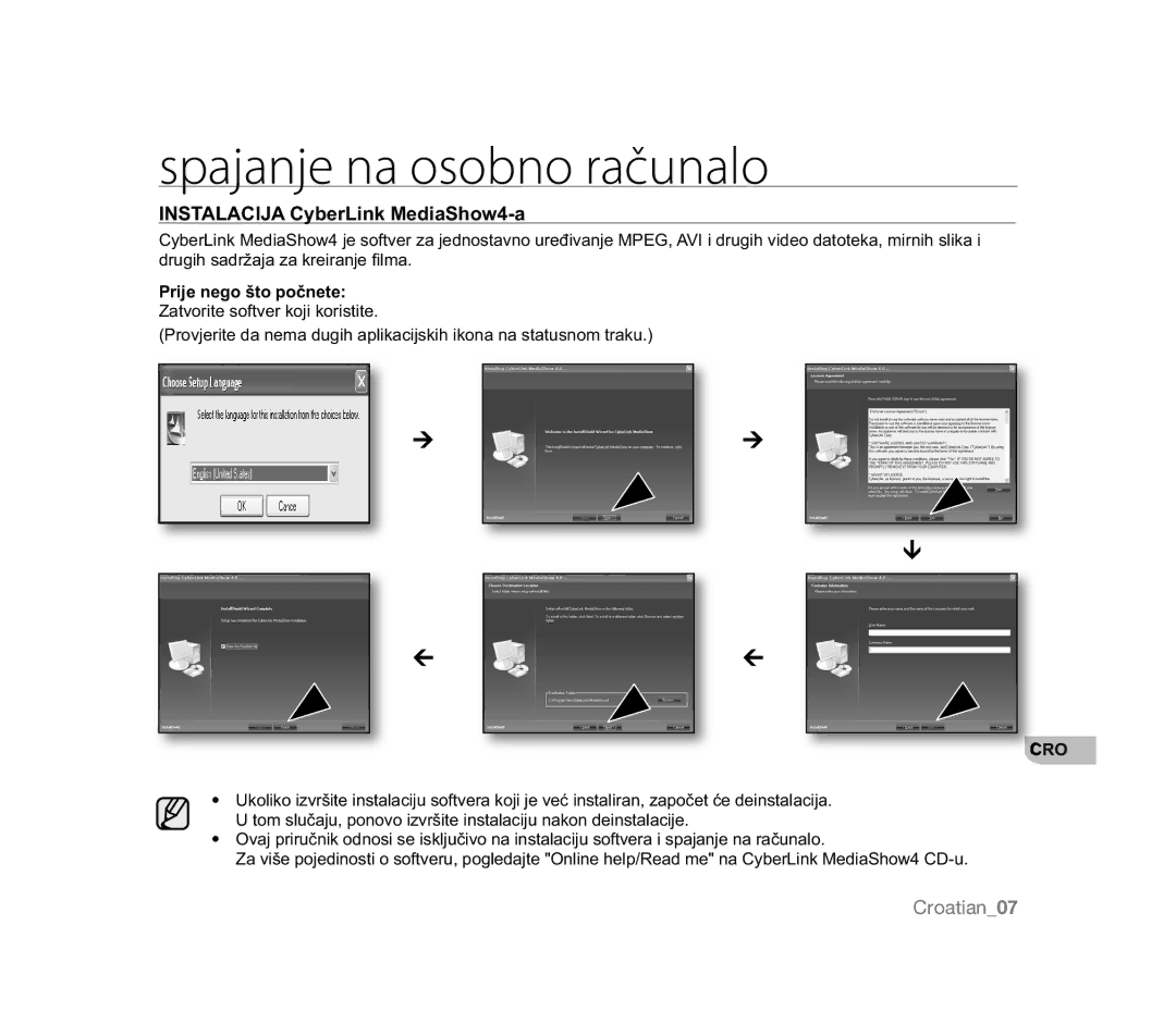 Samsung VP-HMX20C/XEE, VP-MX20R/EDC, VP-MX20/EDC manual Spajanje na osobno računalo, Instalacija CyberLink MediaShow4-a 