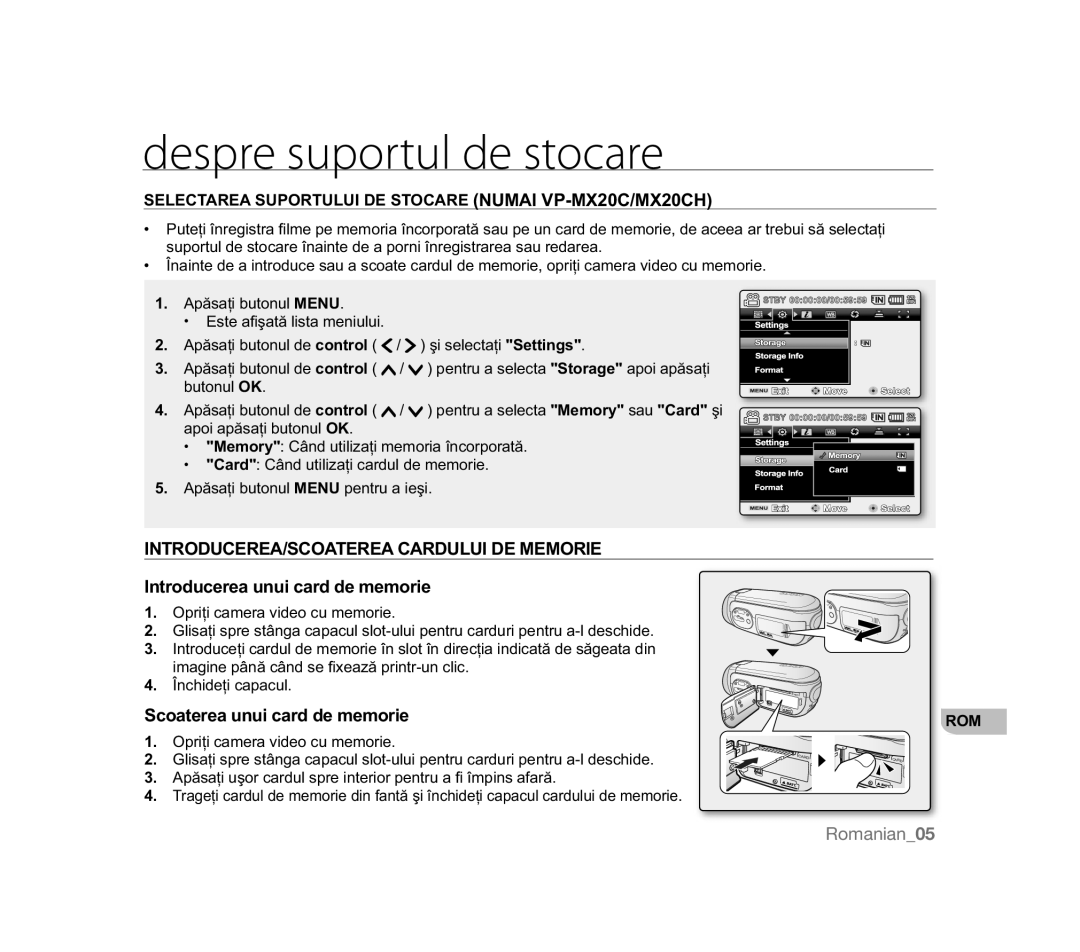 Samsung VP-MX20/XER Despre suportul de stocare, INTRODUCEREA/SCOATEREA Cardului DE Memorie, Scoaterea unui card de memorie 