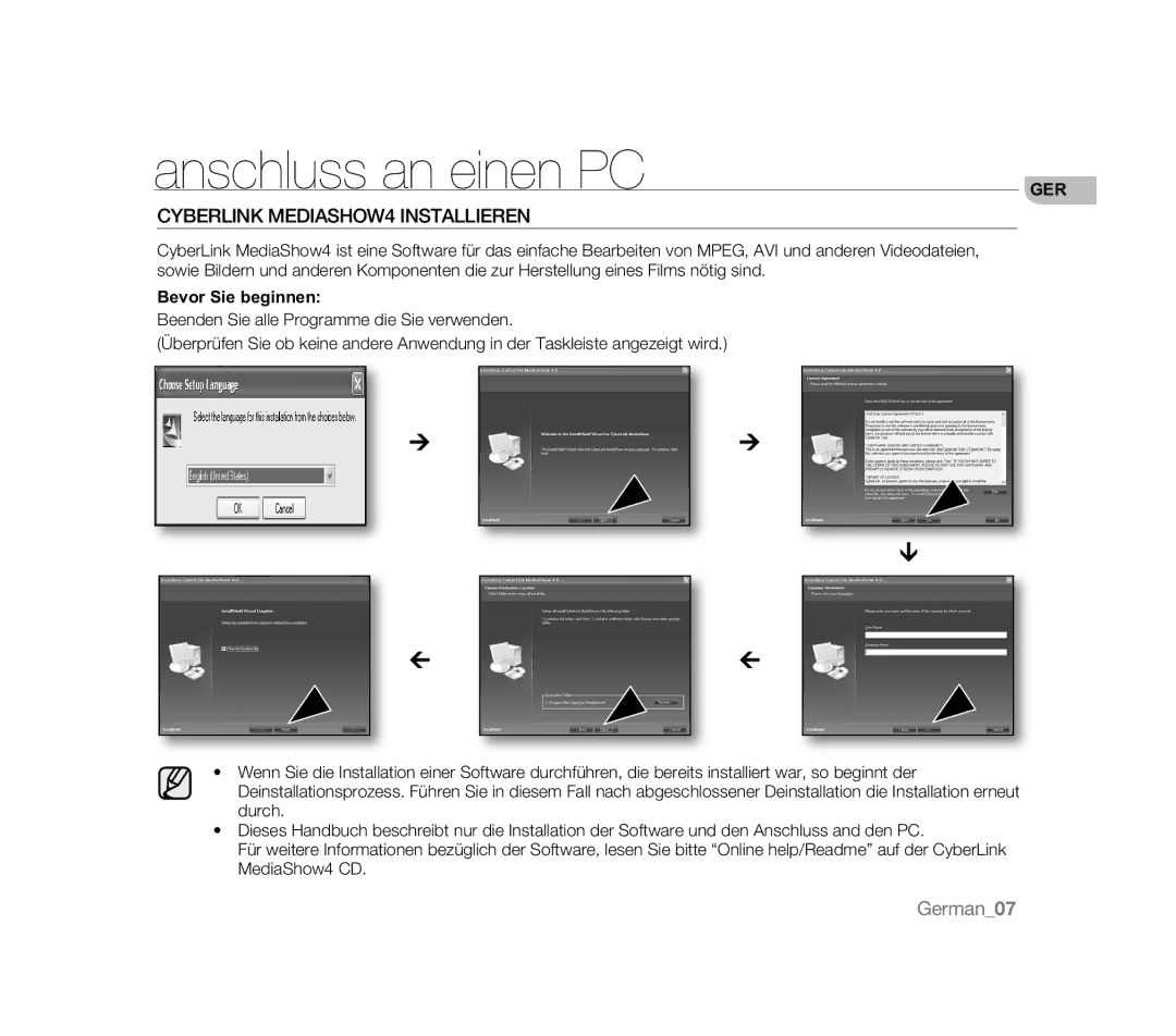 Samsung VP-MX20L/XER, VP-MX20R/EDC, VP-MX20/EDC, VP-MX20C/EDC manual Cyberlink MEDIASHOW4 Installieren, Bevor Sie beginnen 