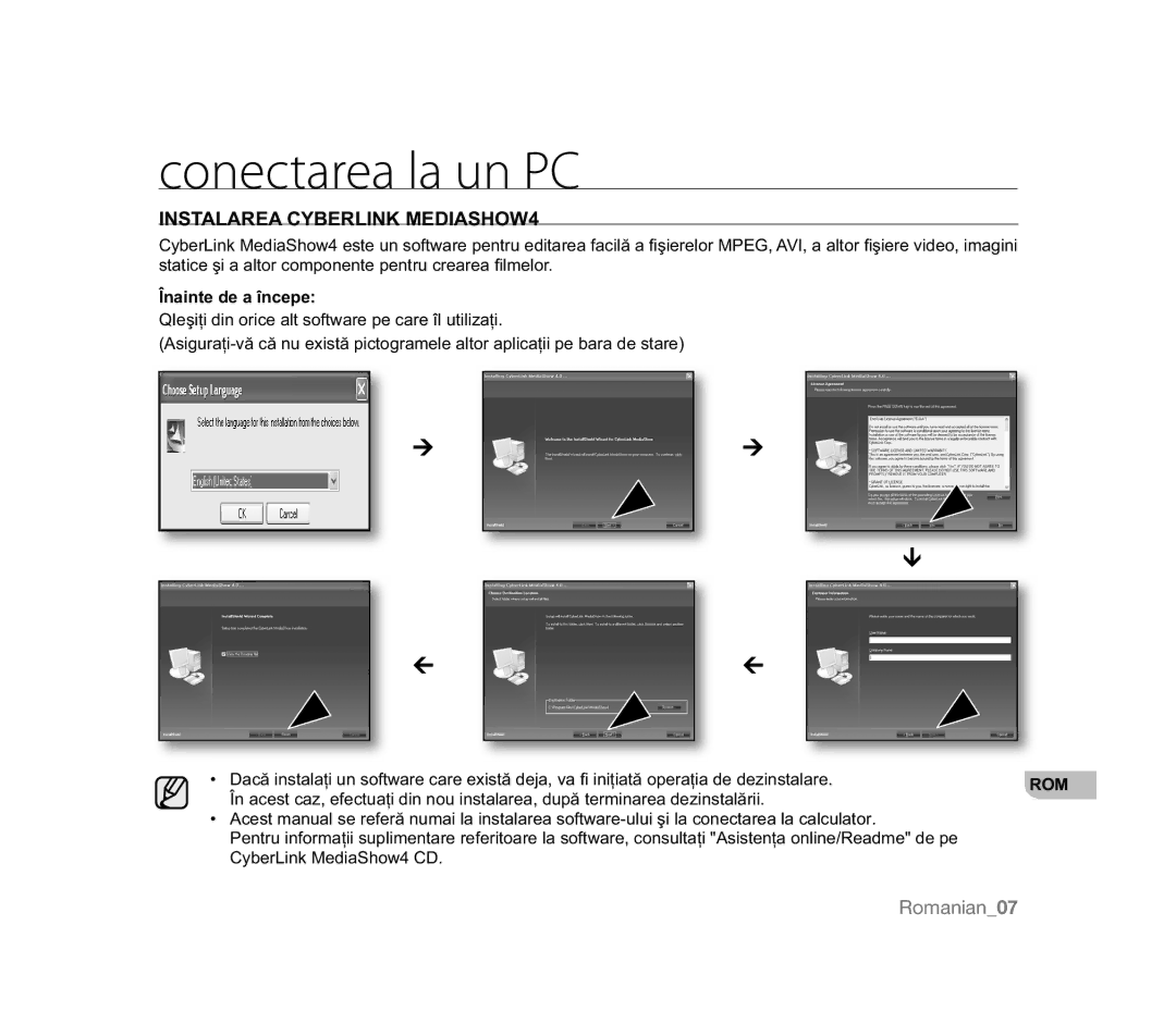 Samsung VP-HMX20C/COL Conectarea la un PC, Instalarea Cyberlink MEDIASHOW4, ÌQDLQWHGHDvQFHSH, CyberLink MediaShow4 CD 