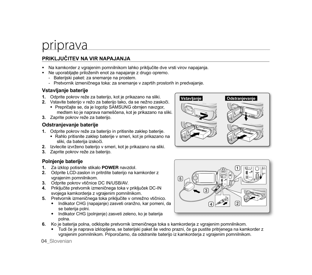 Samsung VP-MX20R/XER, VP-MX20R/EDC Priprava, 35,./-8ý,791$9,51$3$-$1-$, Vstavljanje baterije, Odstranjevanje baterije 