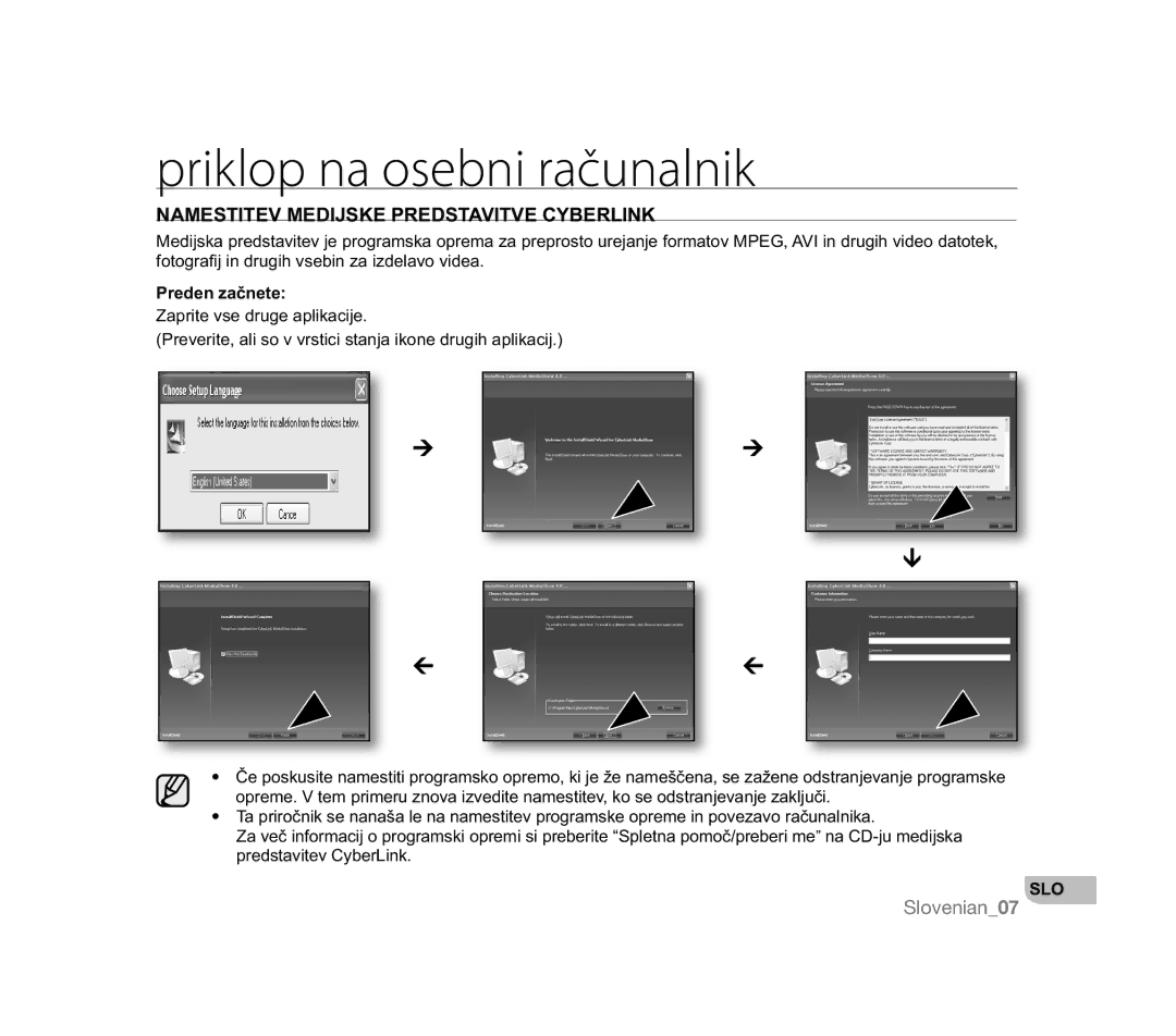 Samsung VP-MX20C/COL, VP-MX20/EDC Priklop na osebni računalnik, Namestitev Medijske Predstavitve Cyberlink, 3UHGHQDþQHWH 