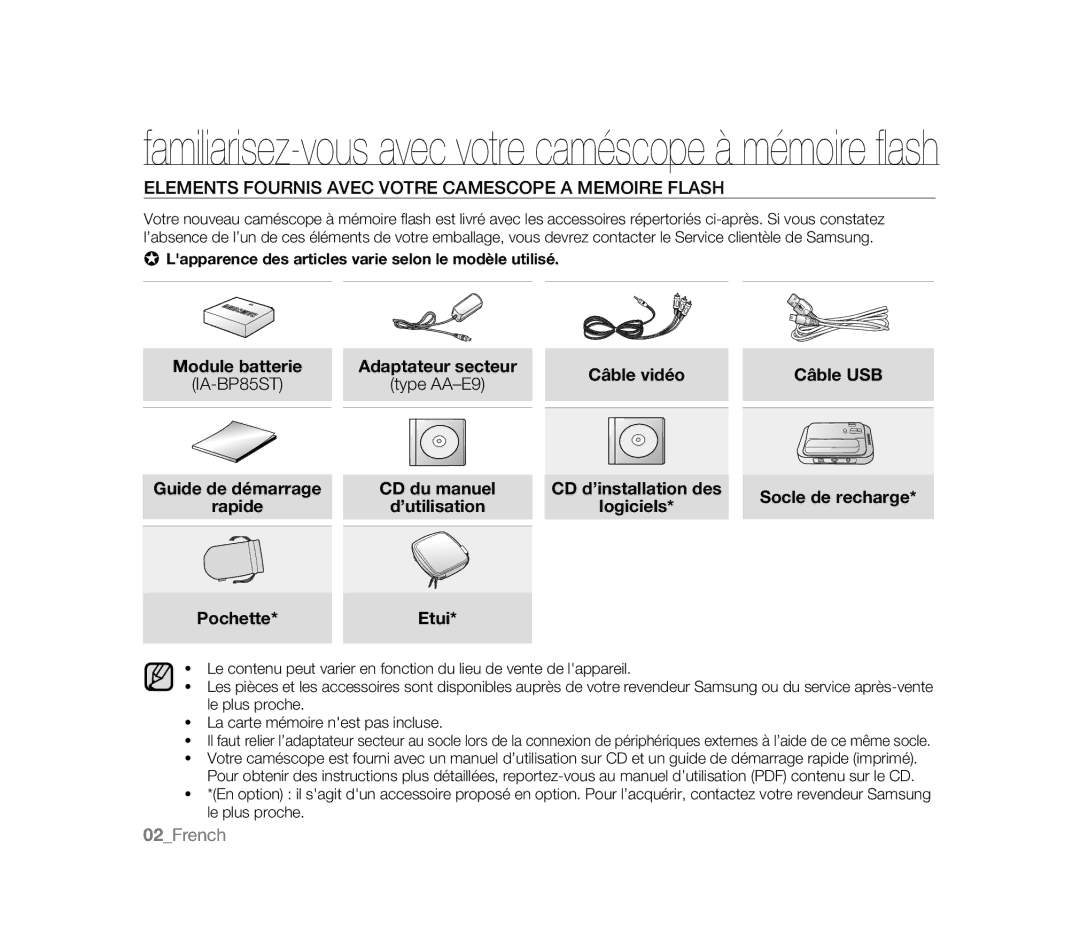 Samsung VP-MX20R/XER, VP-MX20R/EDC manual Elements Fournis Avec Votre Camescope a Memoire Flash, Type AA-E9, Logiciels 