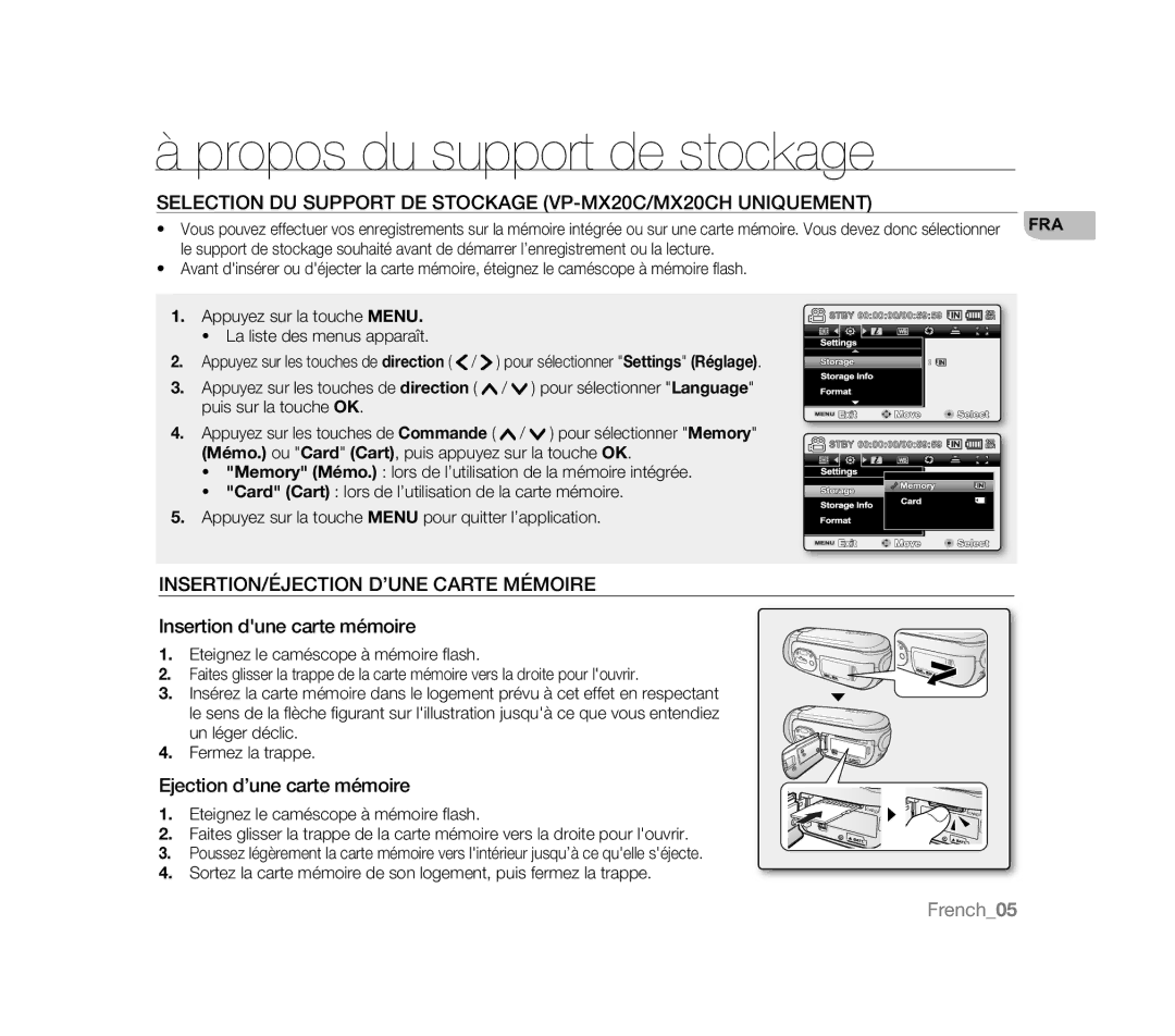 Samsung VP-MX20C/COL manual Propos du support de stockage, Selection DU Support DE Stockage VP-MX20C/MX20CH Uniquement 