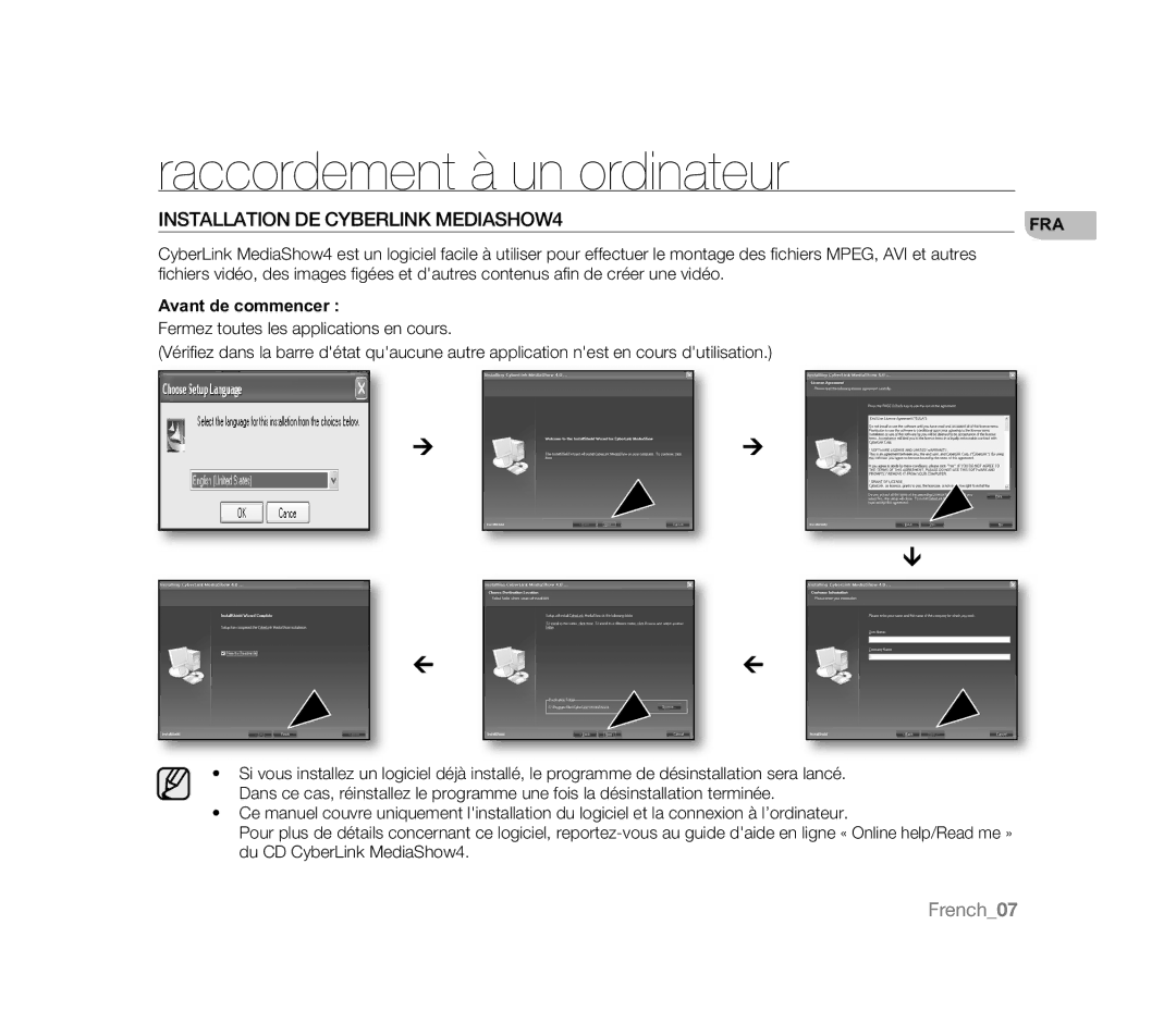 Samsung VP-MX20/EDC, VP-MX20R/EDC Raccordement à un ordinateur, Installation DE Cyberlink MEDIASHOW4, Avant de commencer 