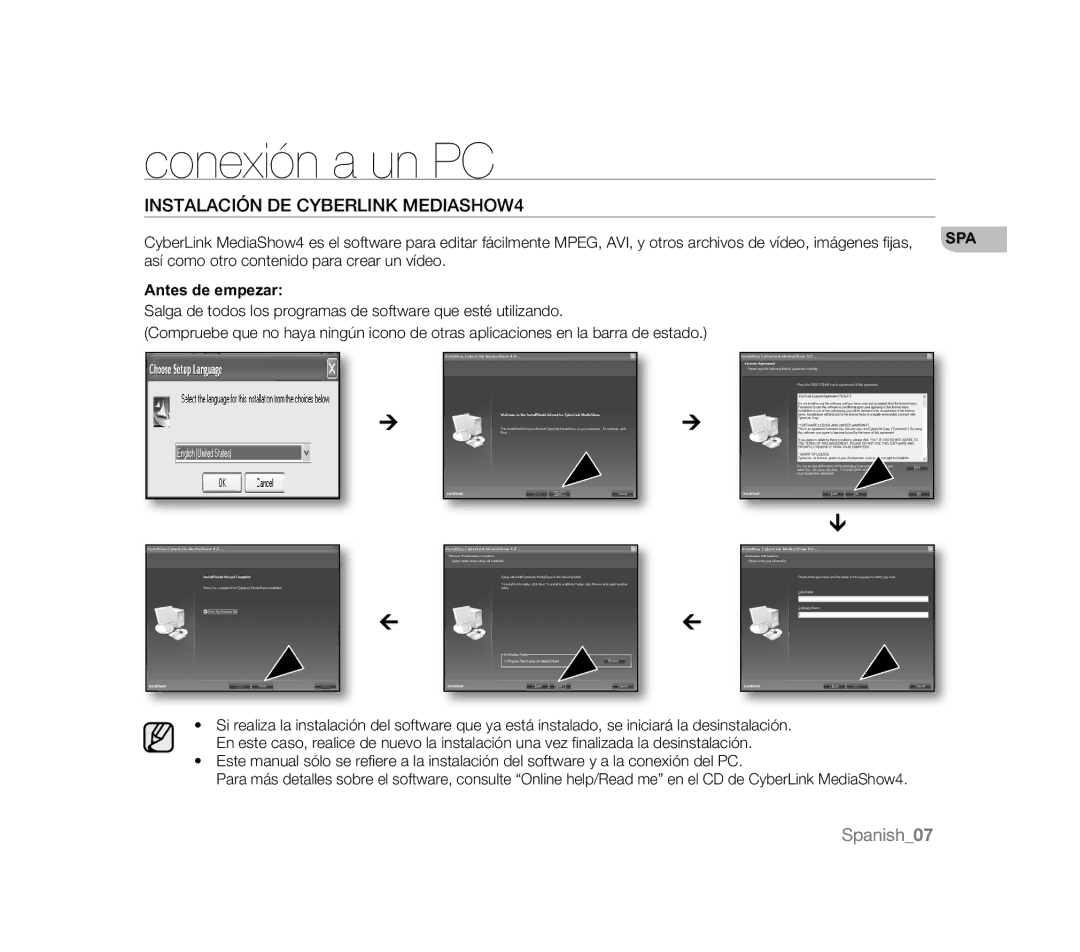 Samsung VP-MX20R/CAN Conexión a un PC, Instalación DE Cyberlink MEDIASHOW4, Así como otro contenido para crear un vídeo 