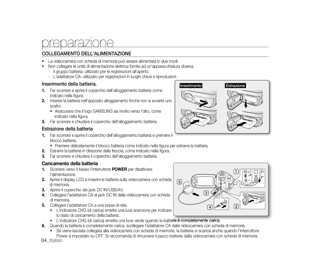 Samsung VP-HMX20C/XER Preparazione, Collegamento Dellalimentazione, Estrazione della batteria, Caricamento della batteria 