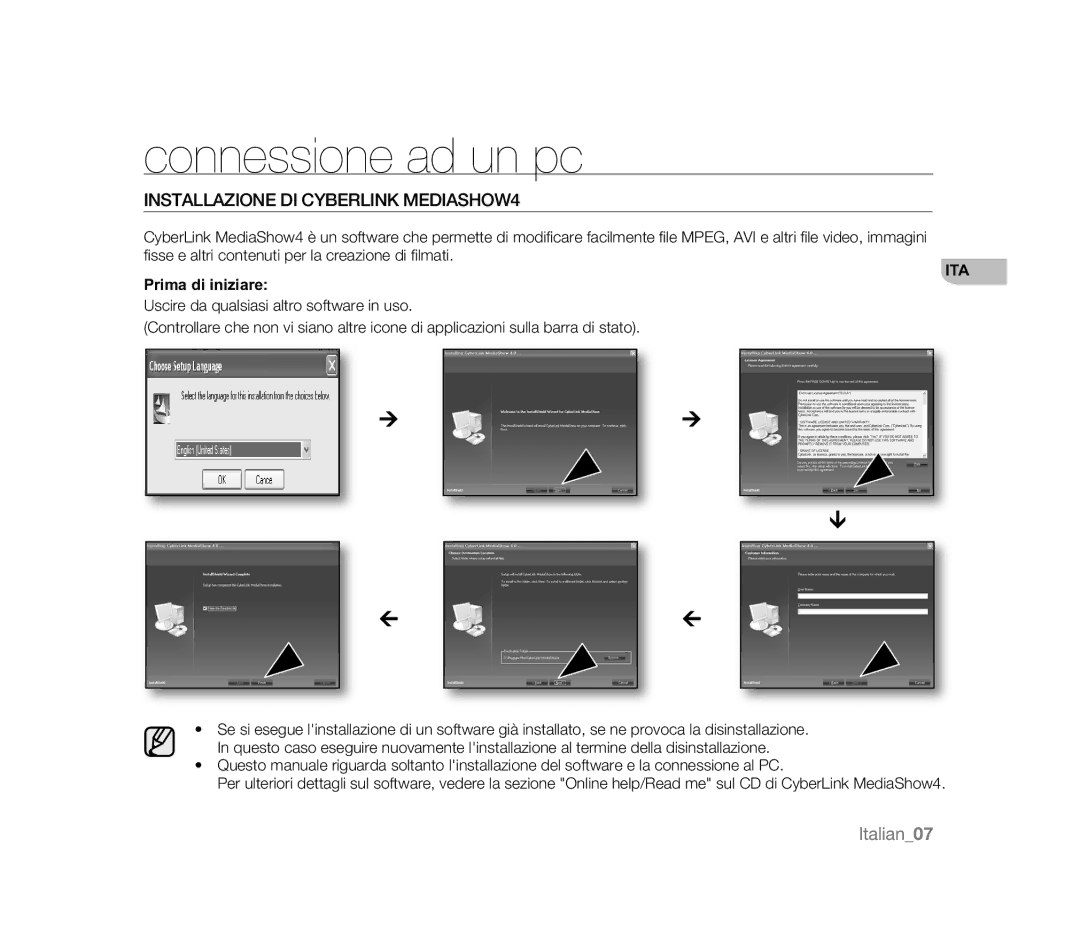 Samsung VP-MX20/XER, VP-MX20R/EDC manual Connessione ad un pc, Installazione DI Cyberlink MEDIASHOW4, Prima di iniziare 