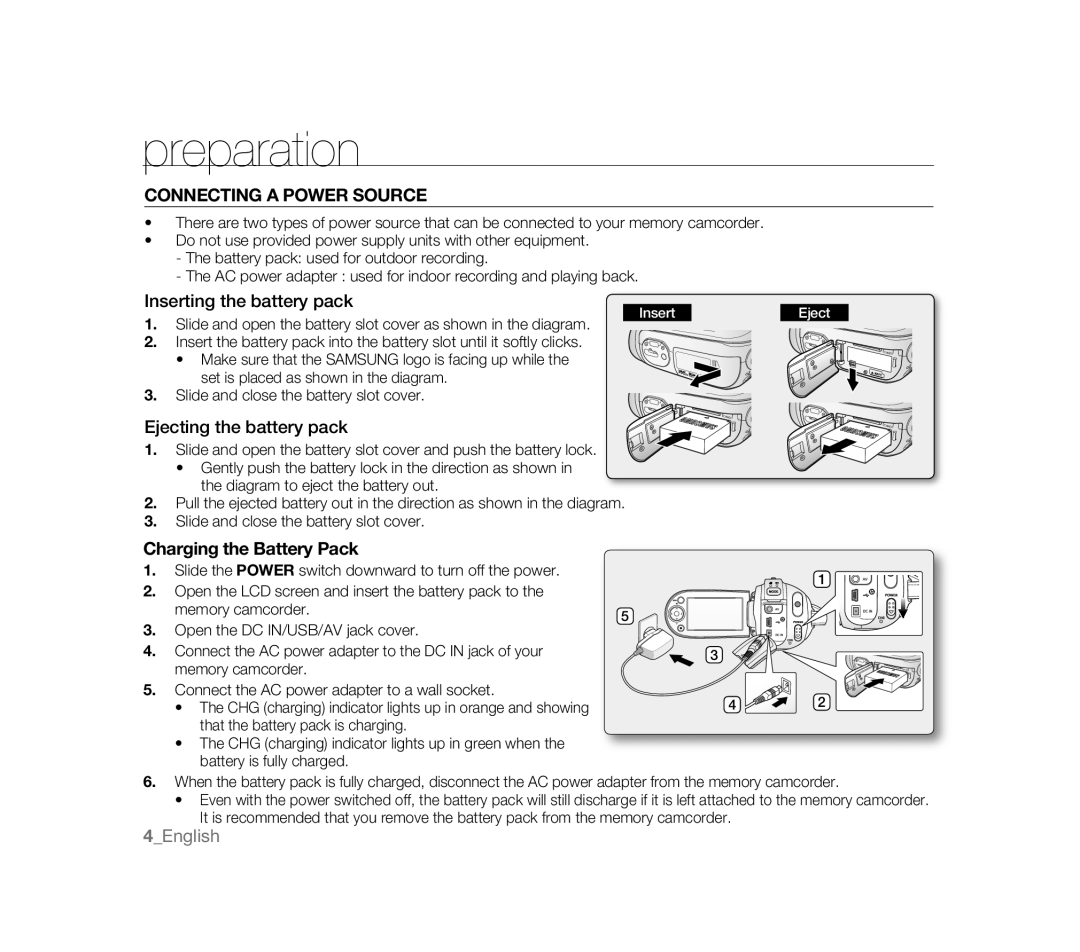 Samsung VP-MX20CH/EDC manual Inserting the battery pack, Ejecting the battery pack, Slide and close the battery slot cover 