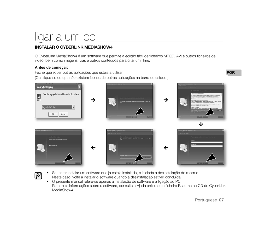 Samsung VP-HMX20C/EDC, VP-MX20R/EDC, VP-MX20/EDC manual Ligar a um pc, Instalar O Cyberlink MEDIASHOW4, Antes de começar 