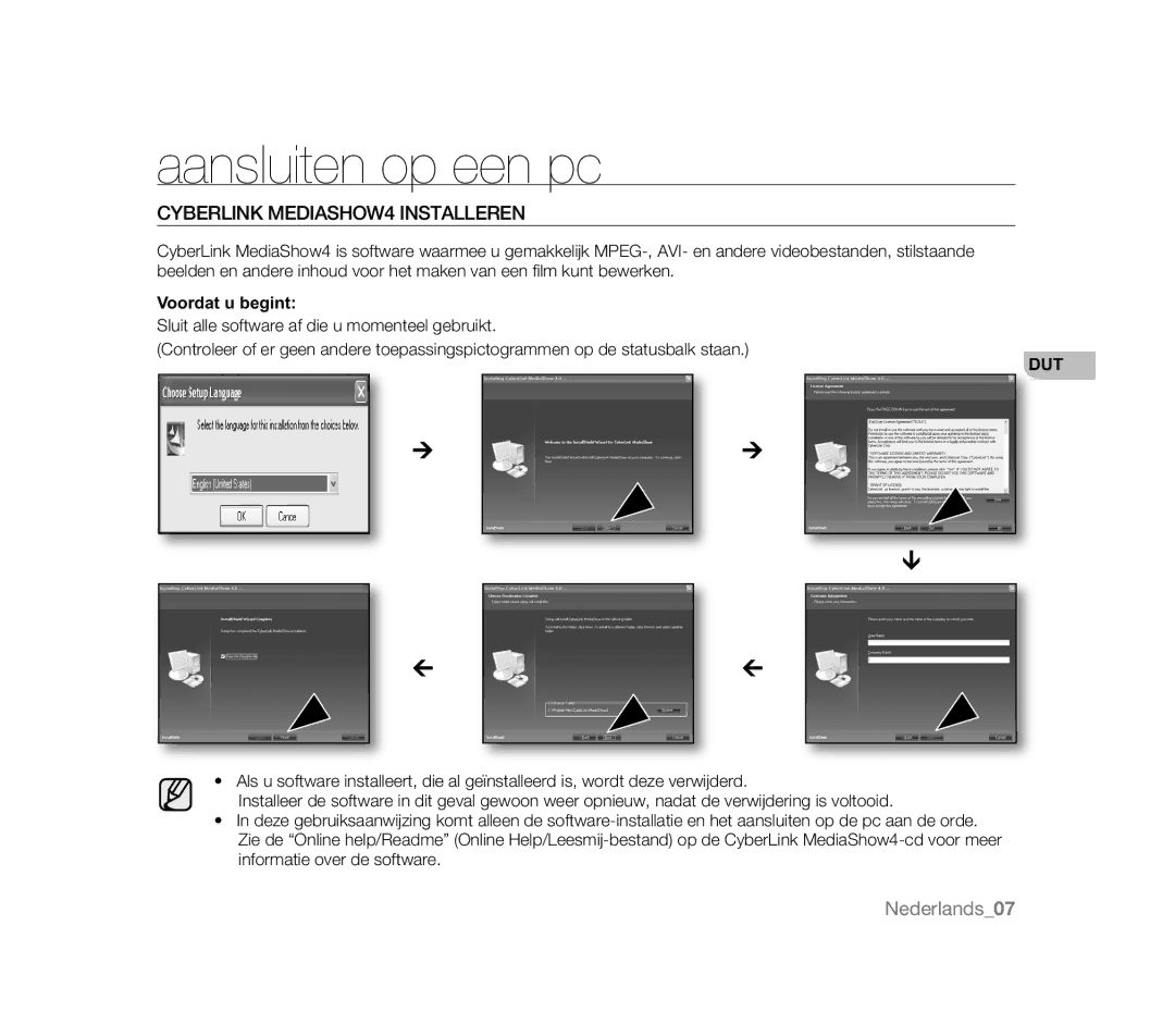 Samsung VP-HMX20C/XEE, VP-MX20R/EDC, VP-MX20/EDC Aansluiten op een pc, Cyberlink MEDIASHOW4 Installeren, Voordat u begint 