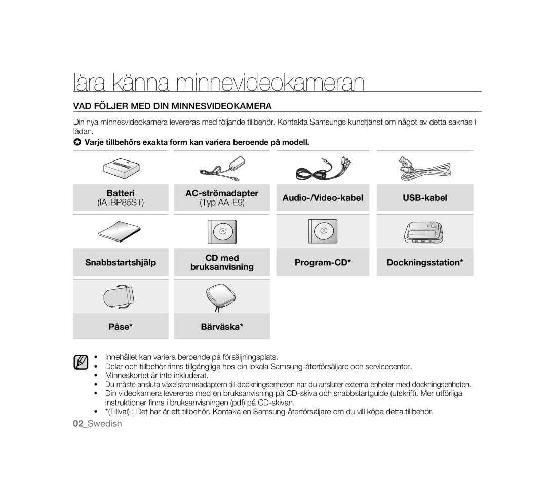 Samsung VP-HMX20C/XER manual Lära känna minnevideokameran, VAD Följer MED DIN Minnesvideokamera, Typ AA-E9, Bruksanvisning 