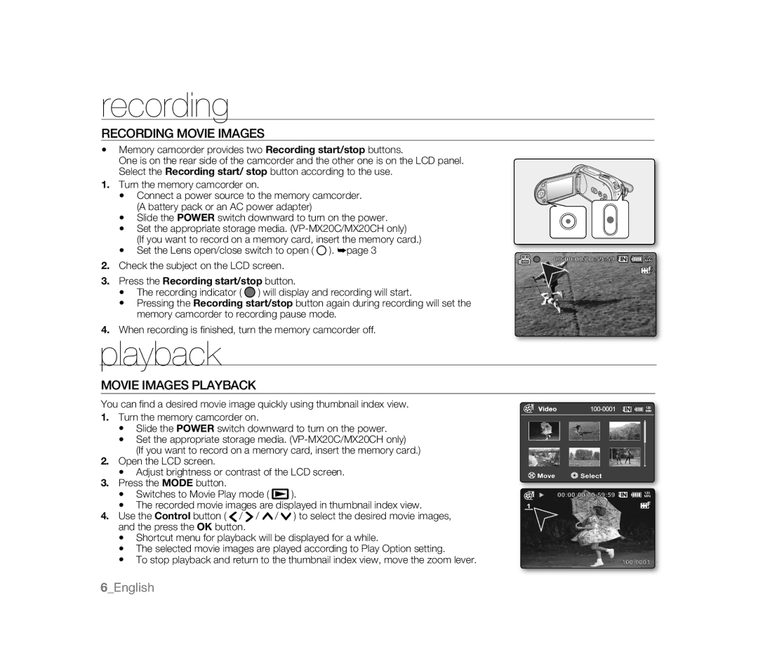 Samsung VP-MX20H/EDC manual Recording Movie Images, Movie Images Playback, Press the Recording start/stop button 