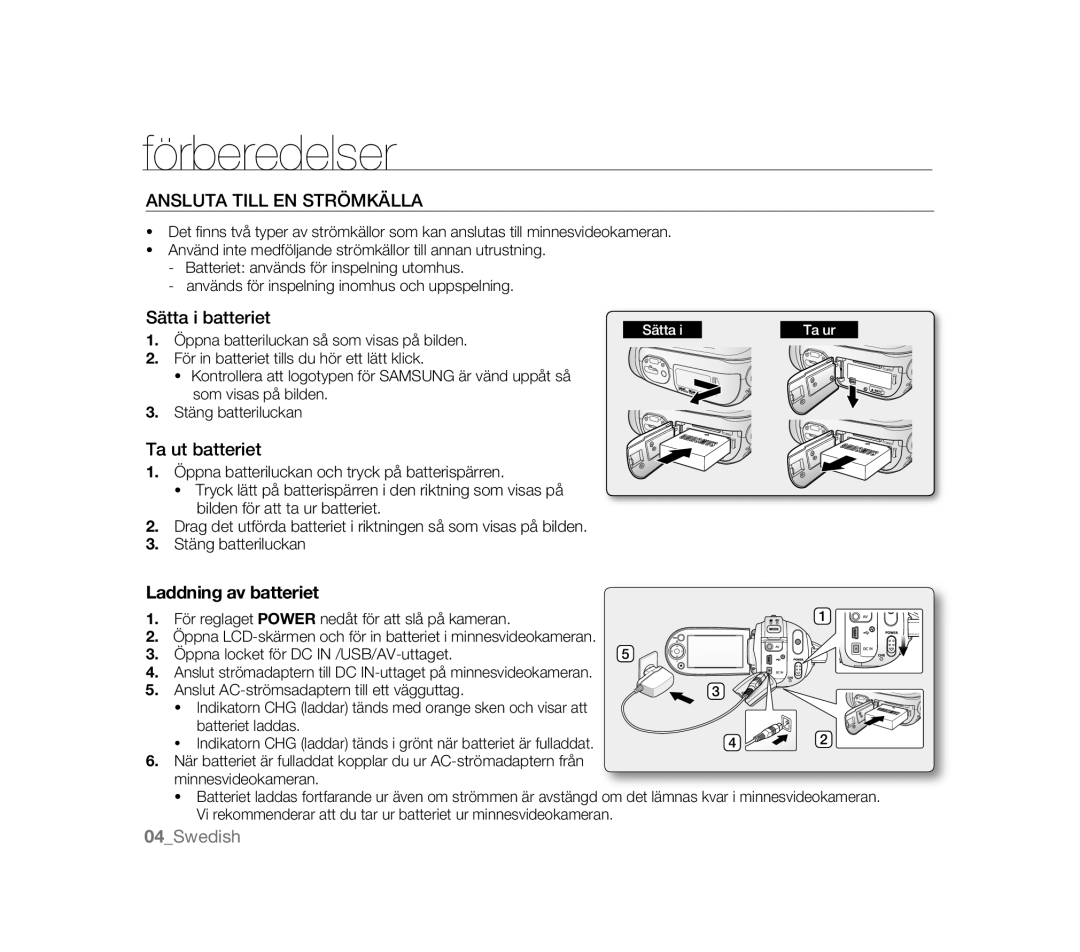 Samsung VP-HMX20C/XEK Förberedelser, Ansluta Till EN Strömkälla, Sätta i batteriet, Ta ut batteriet, Laddning av batteriet 