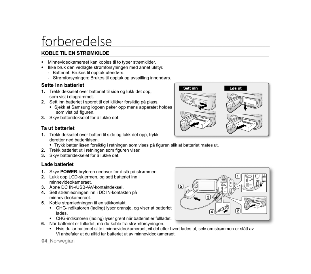 Samsung VP-MX20C/EDC manual Forberedelse, Koble TIL EN Strømkilde, Sette inn batteriet, Ta ut batteriet, Lade batteriet 