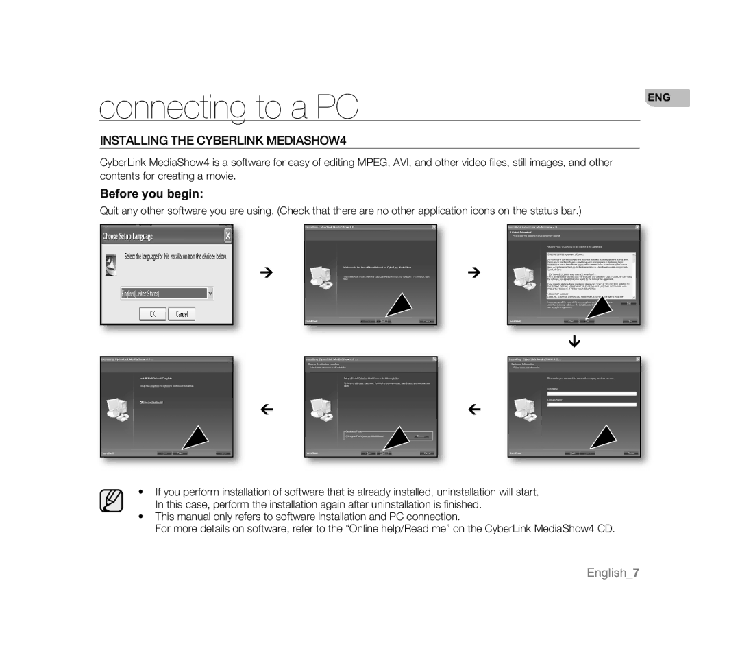 Samsung VP-MX20/XEU, VP-MX20R/EDC, VP-MX20/EDC Connecting to a PC, Installing the Cyberlink MEDIASHOW4, Before you begin 