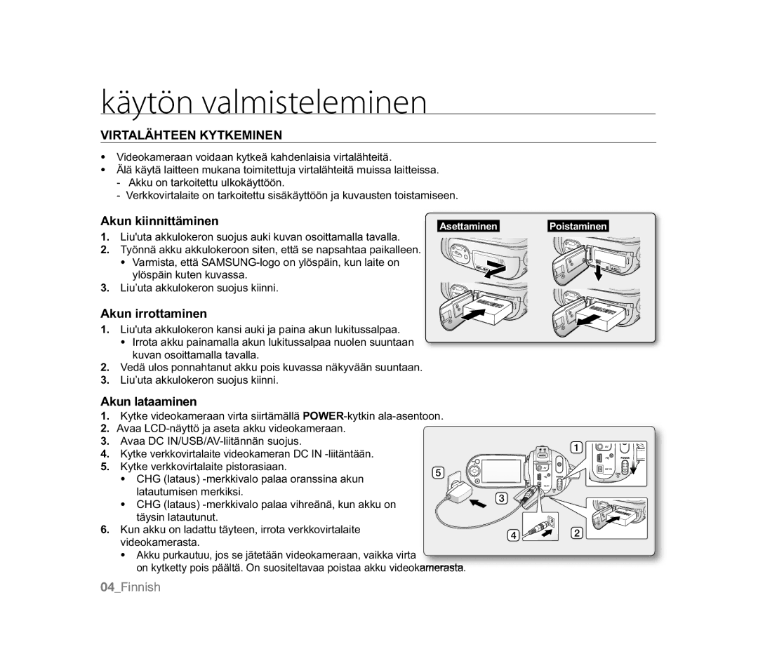 Samsung VP-HMX20C/XEU, VP-MX20R/EDC, VP-MX20/EDC, VP-MX20C/EDC, VP-HMX20C/EDC manual Akun kiinnittäminen, Akun lataaminen 