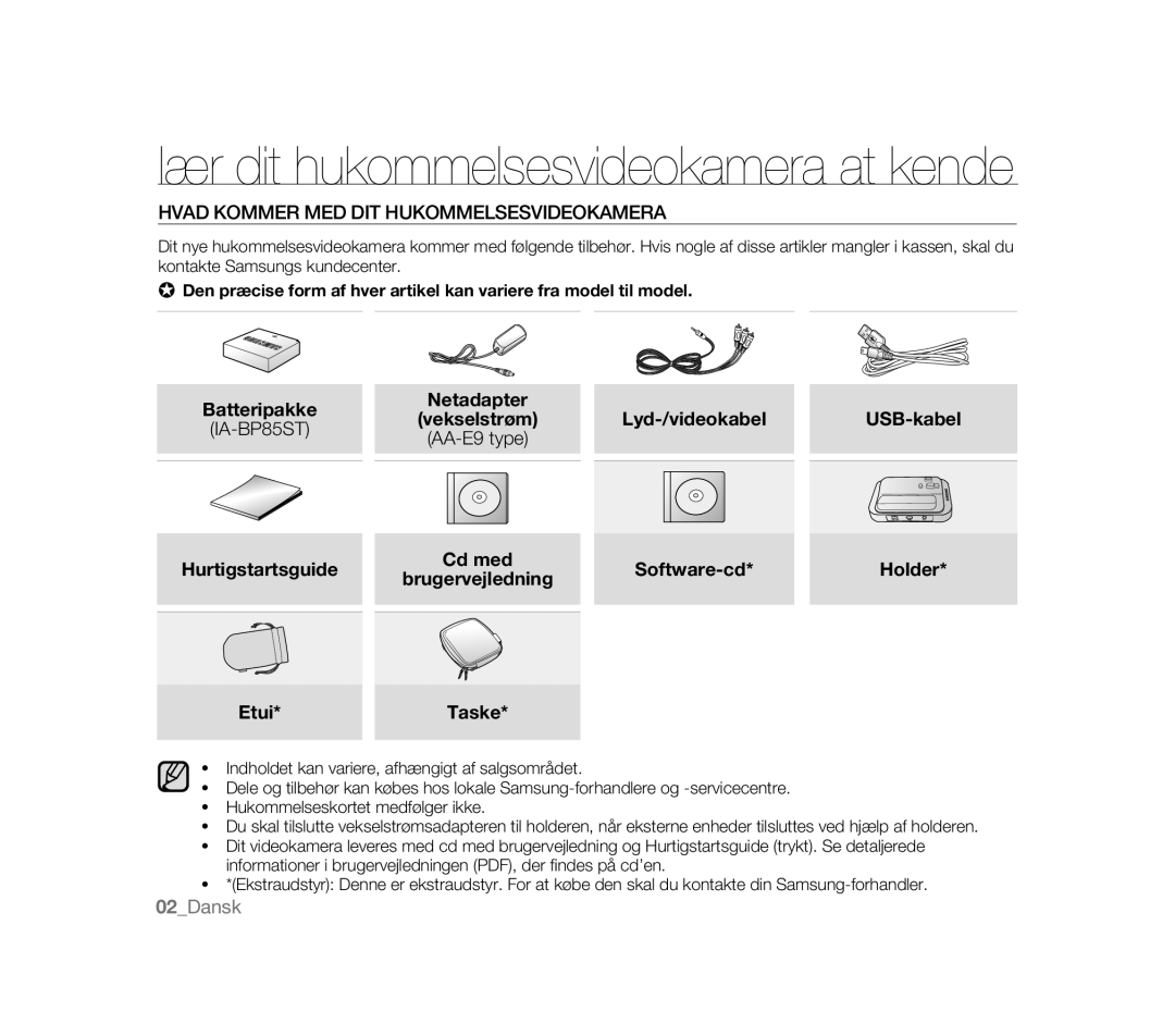 Samsung VP-HMX20C/XEK, VP-MX20R/EDC, VP-MX20/EDC Hvad Kommer MED DIT Hukommelsesvideokamera, Vekselstrøm, Brugervejledning 