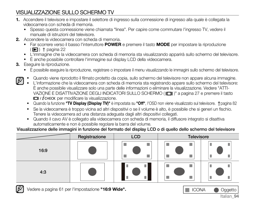 Samsung VP-MX20C/EDC, VP-MX20R/EDC, VP-MX20/EDC, VP-MX20CH/EDC, VP-MX20L/EDC manual Visualizzazione Sullo Schermo TV, Italian94 