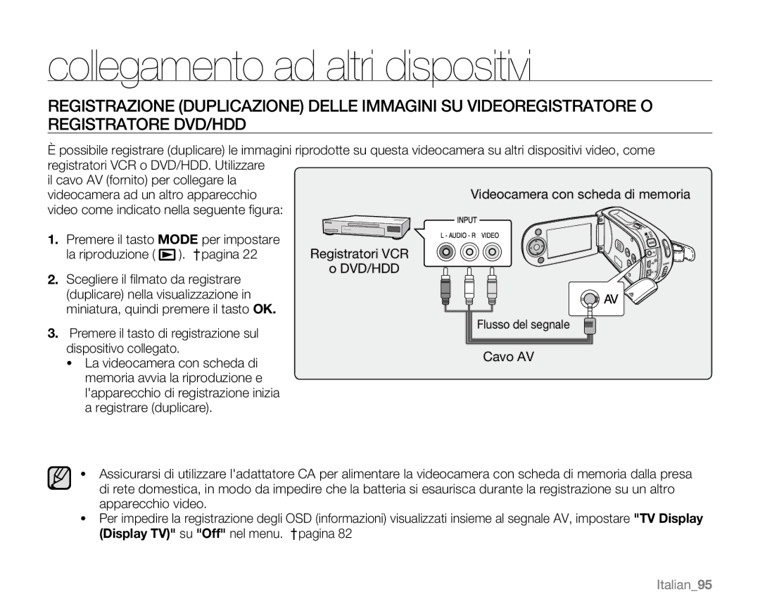 Samsung VP-MX20CH/EDC, VP-MX20R/EDC, VP-MX20/EDC, VP-MX20C/EDC, VP-MX20L/EDC La riproduzione . ²pagina, Dvd/Hdd, Italian95 