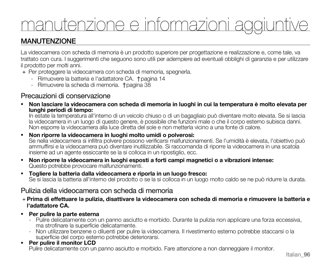 Samsung VP-MX20L/EDC manual Manutenzione, Precauzioni di conservazione, Pulizia della videocamera con scheda di memoria 