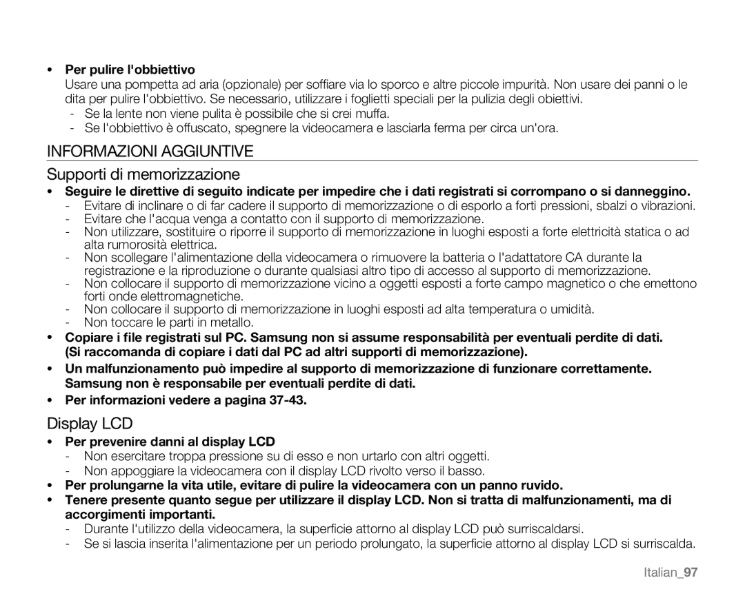 Samsung VP-MX20H/EDC, VP-MX20/EDC Informazioni Aggiuntive, Supporti di memorizzazione, Display LCD, Per pulire lobbiettivo 