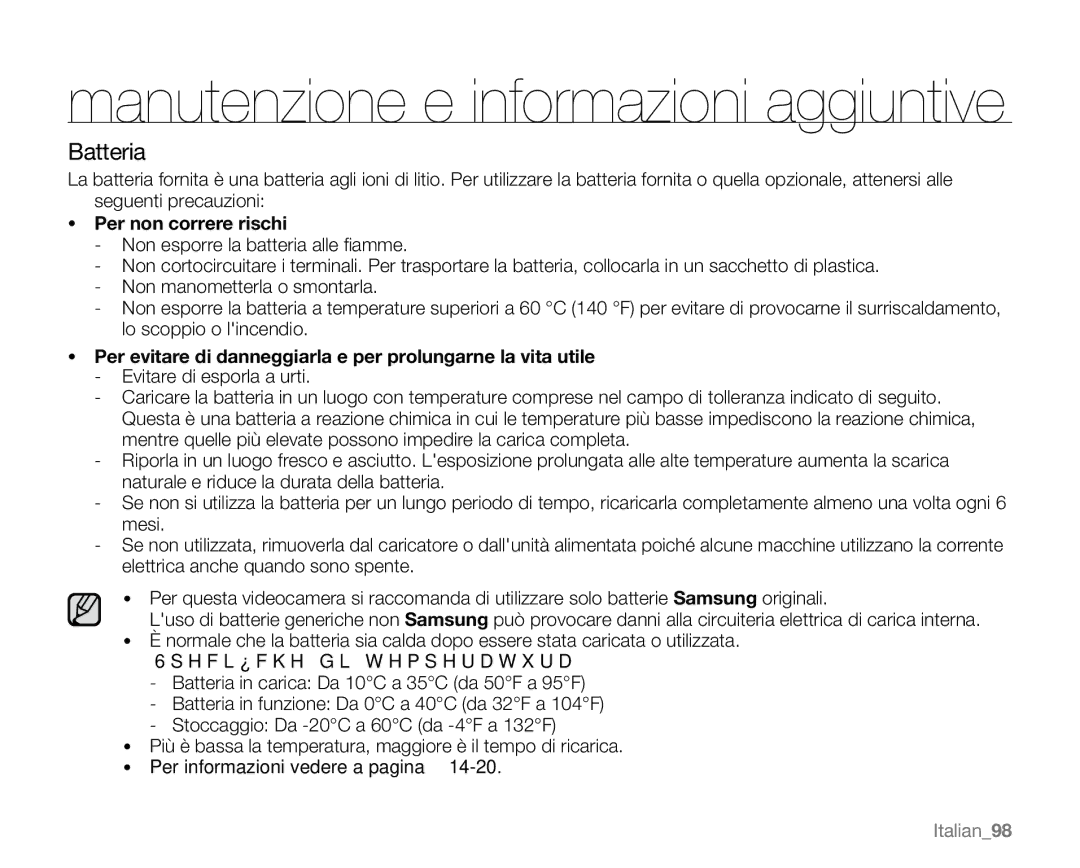 Samsung VP-MX20/XEU manual Batteria, Per non correre rischi, Per evitare di danneggiarla e per prolungarne la vita utile 