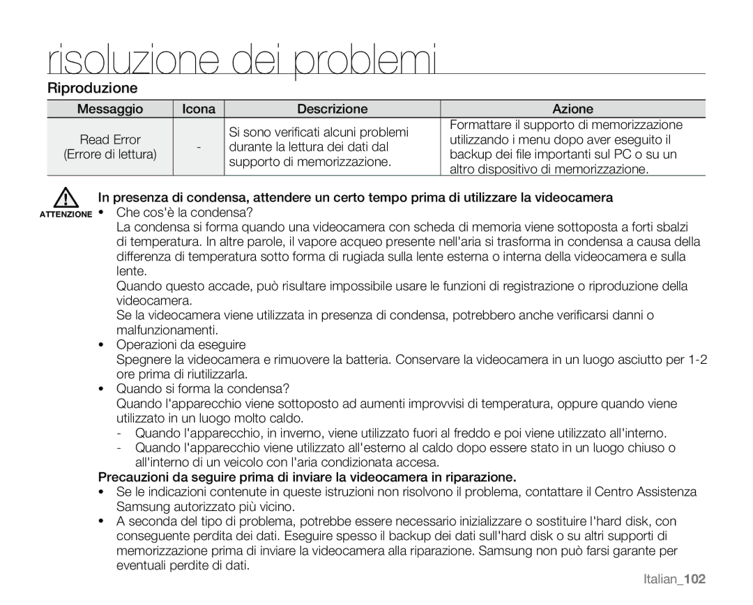 Samsung VP-MX20CH/EDC, VP-MX20R/EDC, VP-MX20/EDC, VP-MX20C/EDC, VP-MX20L/EDC, VP-MX20H/EDC manual Riproduzione, Italian102 