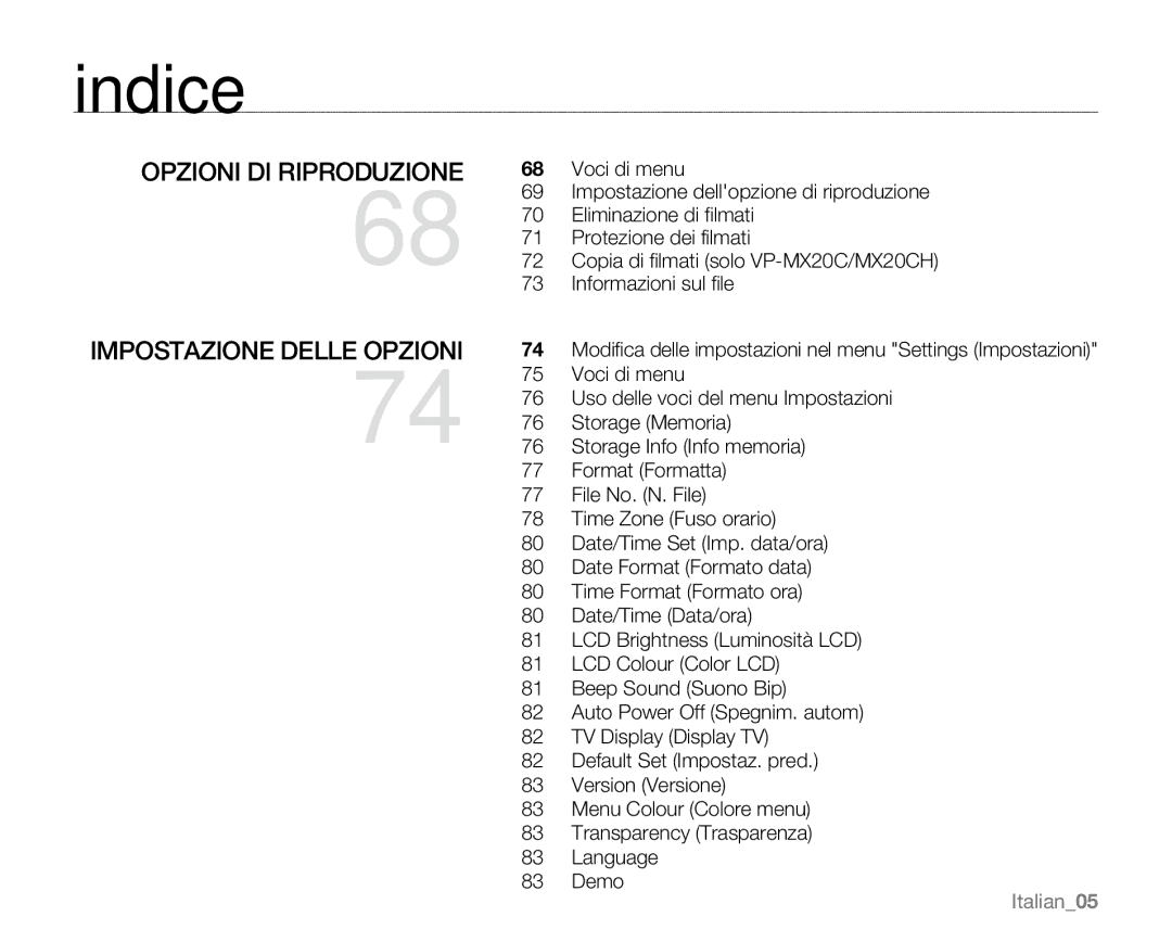 Samsung VP-MX20L/EDC, VP-MX20R/EDC, VP-MX20/EDC, VP-MX20C/EDC, VP-MX20CH/EDC, VP-MX20H/EDC Opzioni DI Riproduzione, Italian05 