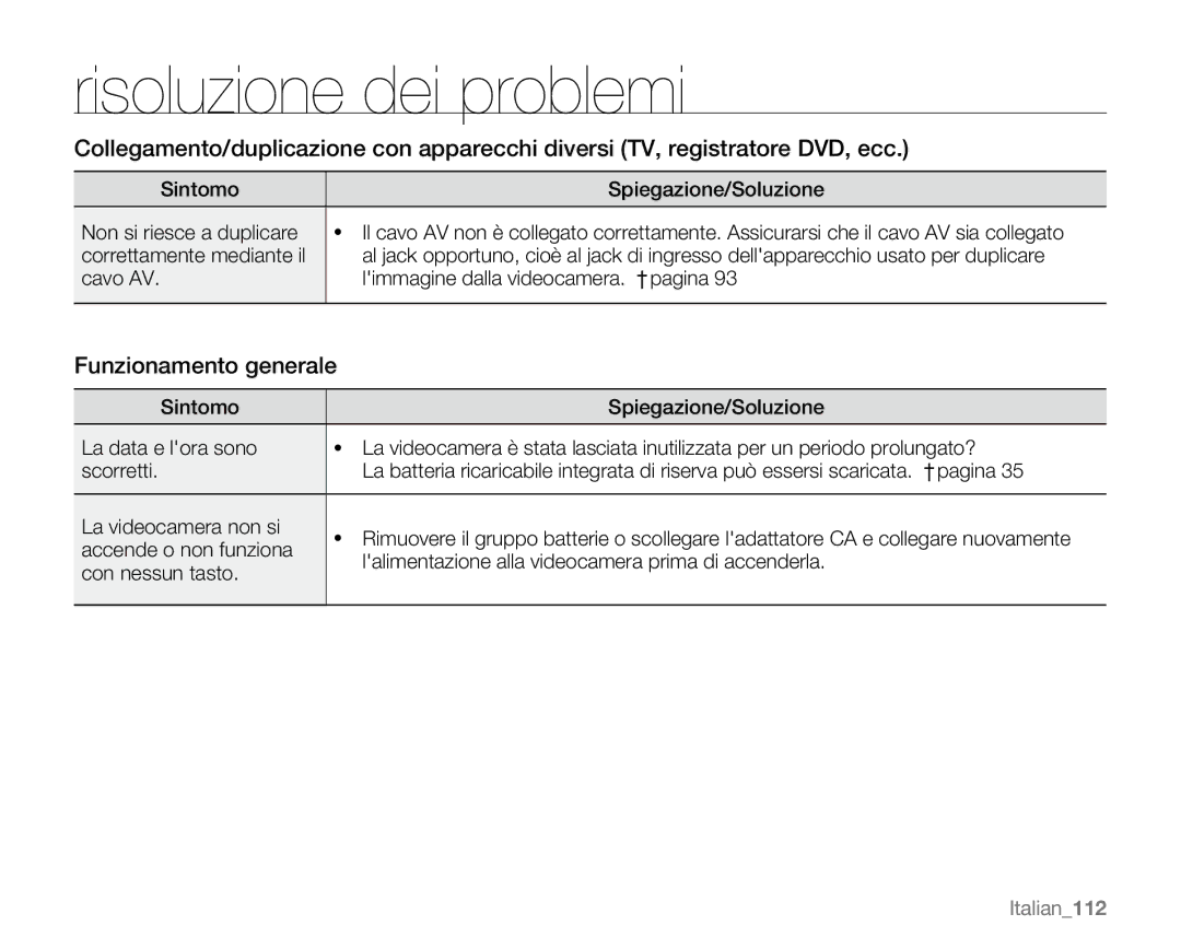 Samsung VP-MX20/XEU, VP-MX20R/EDC, VP-MX20/EDC, VP-MX20C/EDC, VP-MX20CH/EDC, VP-MX20L/EDC Funzionamento generale, Italian112 