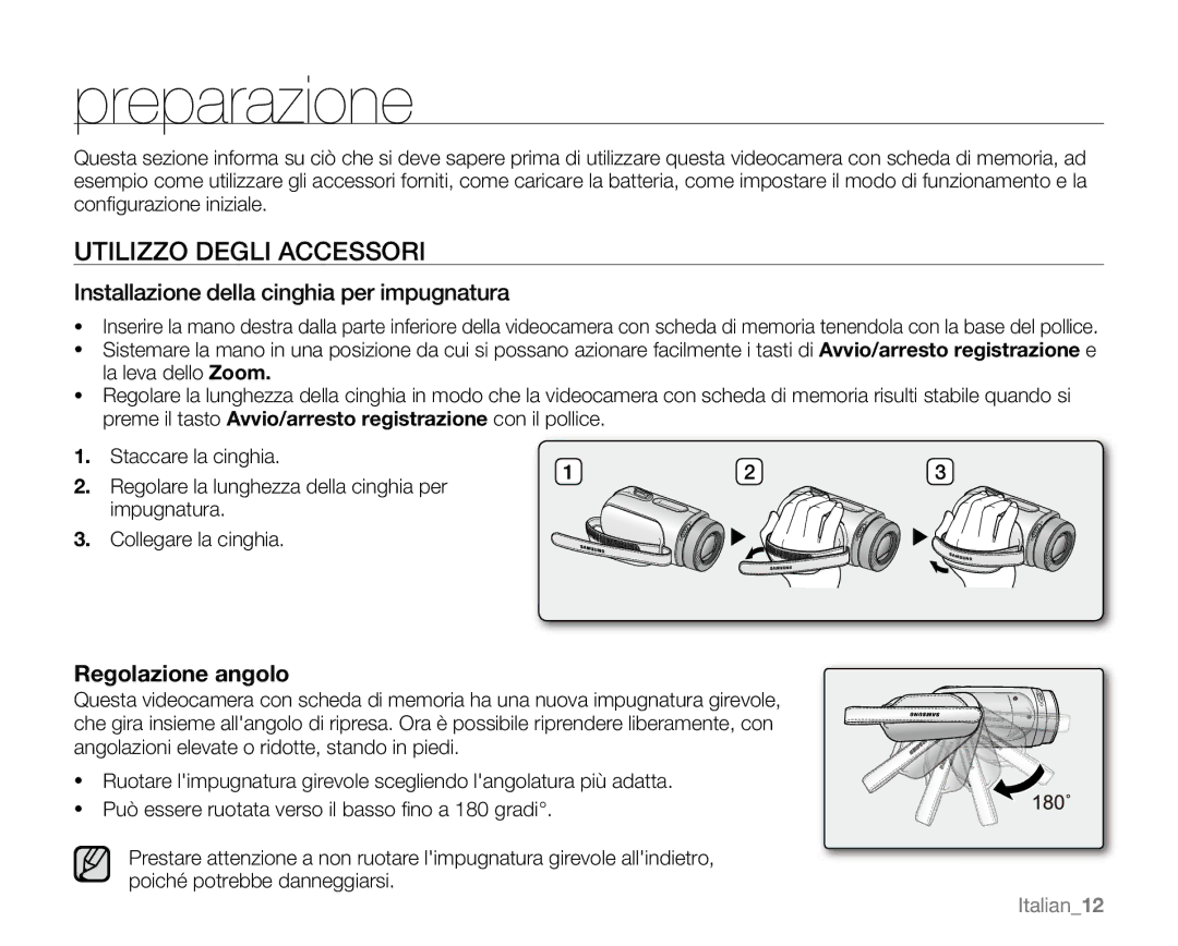 Samsung VP-MX20L/EDC manual Preparazione, Utilizzo Degli Accessori, Installazione della cinghia per impugnatura, Italian12 