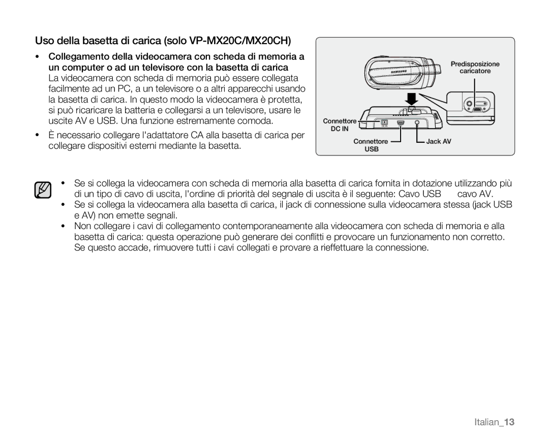 Samsung VP-MX20H/EDC, VP-MX20R/EDC, VP-MX20/EDC, VP-MX20C/EDC Uso della basetta di carica solo VP-MX20C/MX20CH, Italian13 
