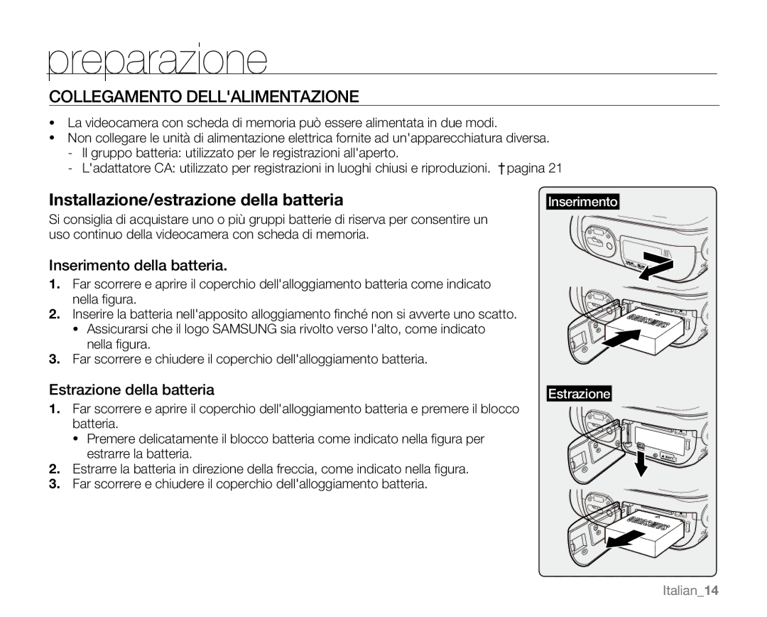 Samsung VP-MX20/XEU manual Collegamento Dellalimentazione, Inserimento della batteria, Estrazione della batteria, Italian14 