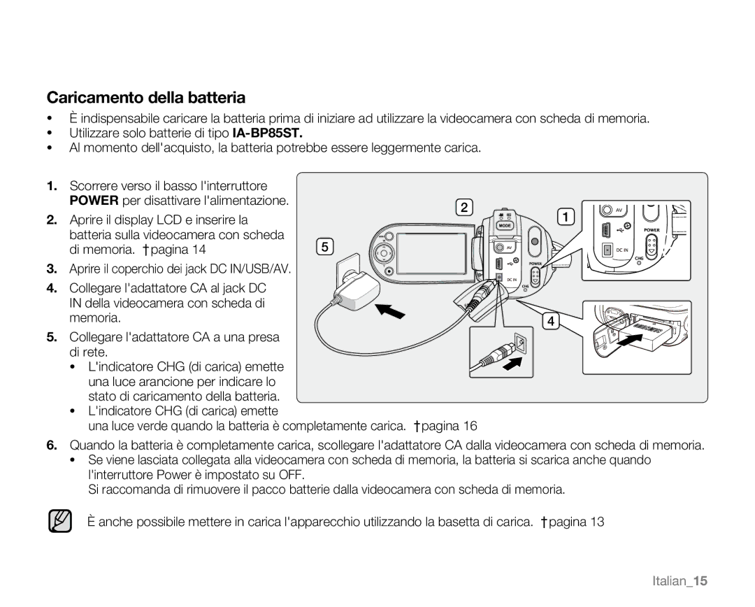 Samsung VP-MX20R/EDC, VP-MX20/EDC, VP-MX20C/EDC, VP-MX20CH/EDC, VP-MX20L/EDC manual Caricamento della batteria, Italian15 